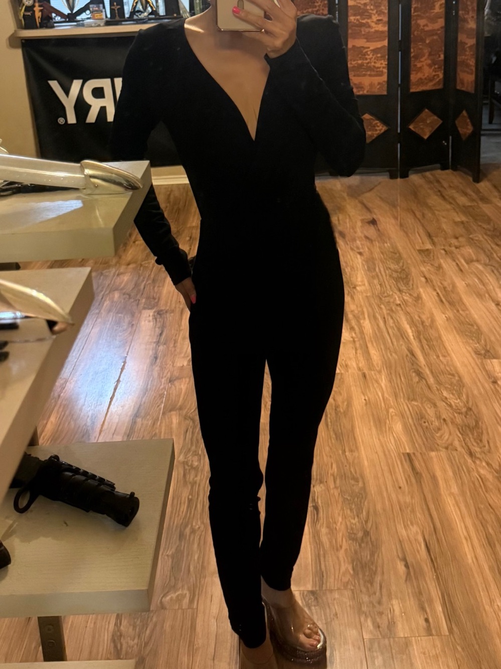 Black Long-Sleeve V-Neck Jumpsuit